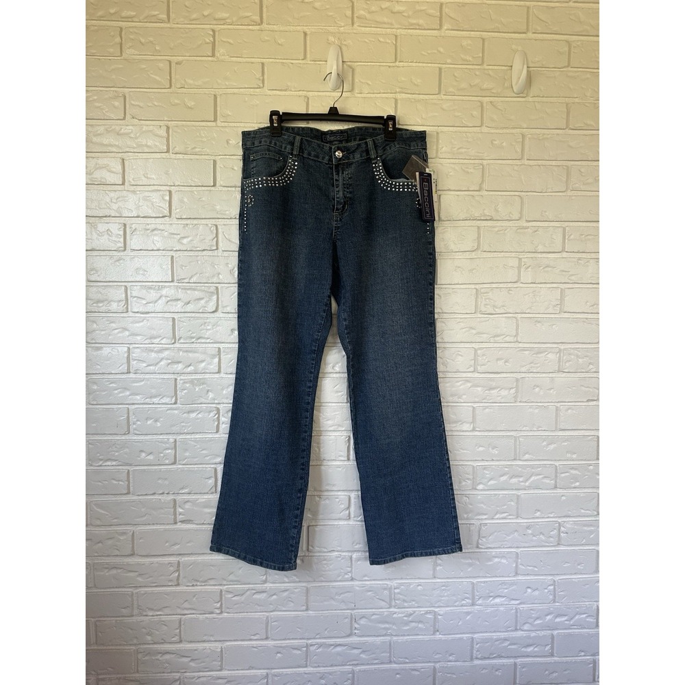 Baccini Women's Rhinestone & Stud Embellished Bootcut Stretch Mid Rise Jeans 14